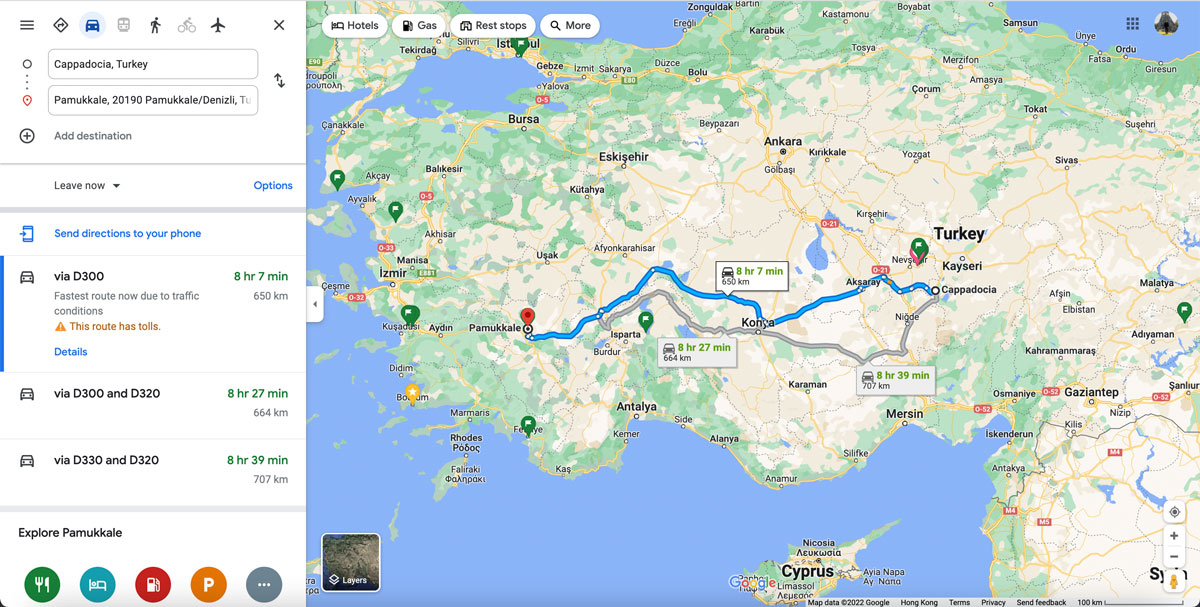 Cappadocia-to-Pamukkale-Distance