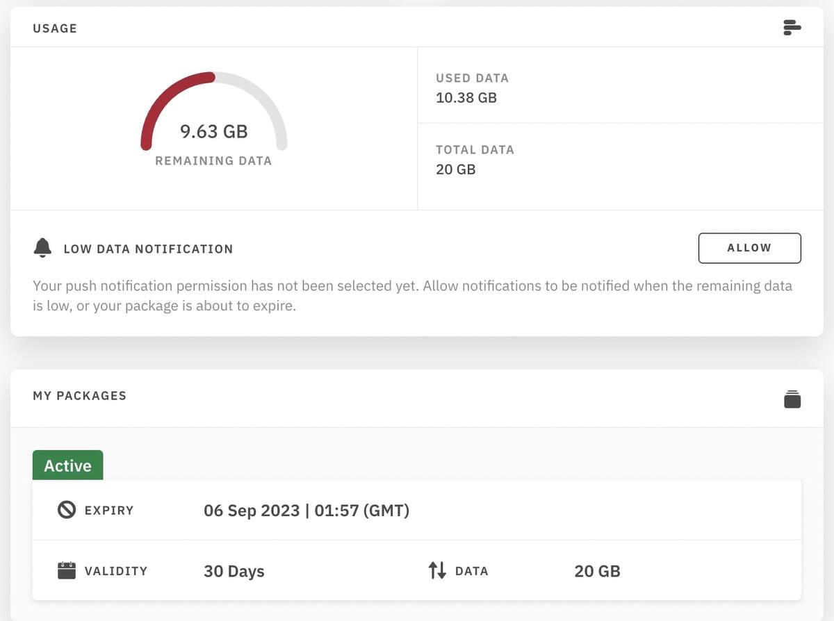 Example of a Turkey eSim dashboard showing how much data is left.